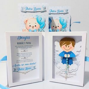 Caixa Livro Presente Personalizada Padrinhos Anjinhos + Ursinhos Com Mini Terço