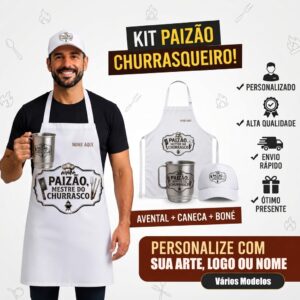 KIT DIA DOS PAIS PERSONALIZADO AVENTAL + BONÉ + CANECA ALUMINIO